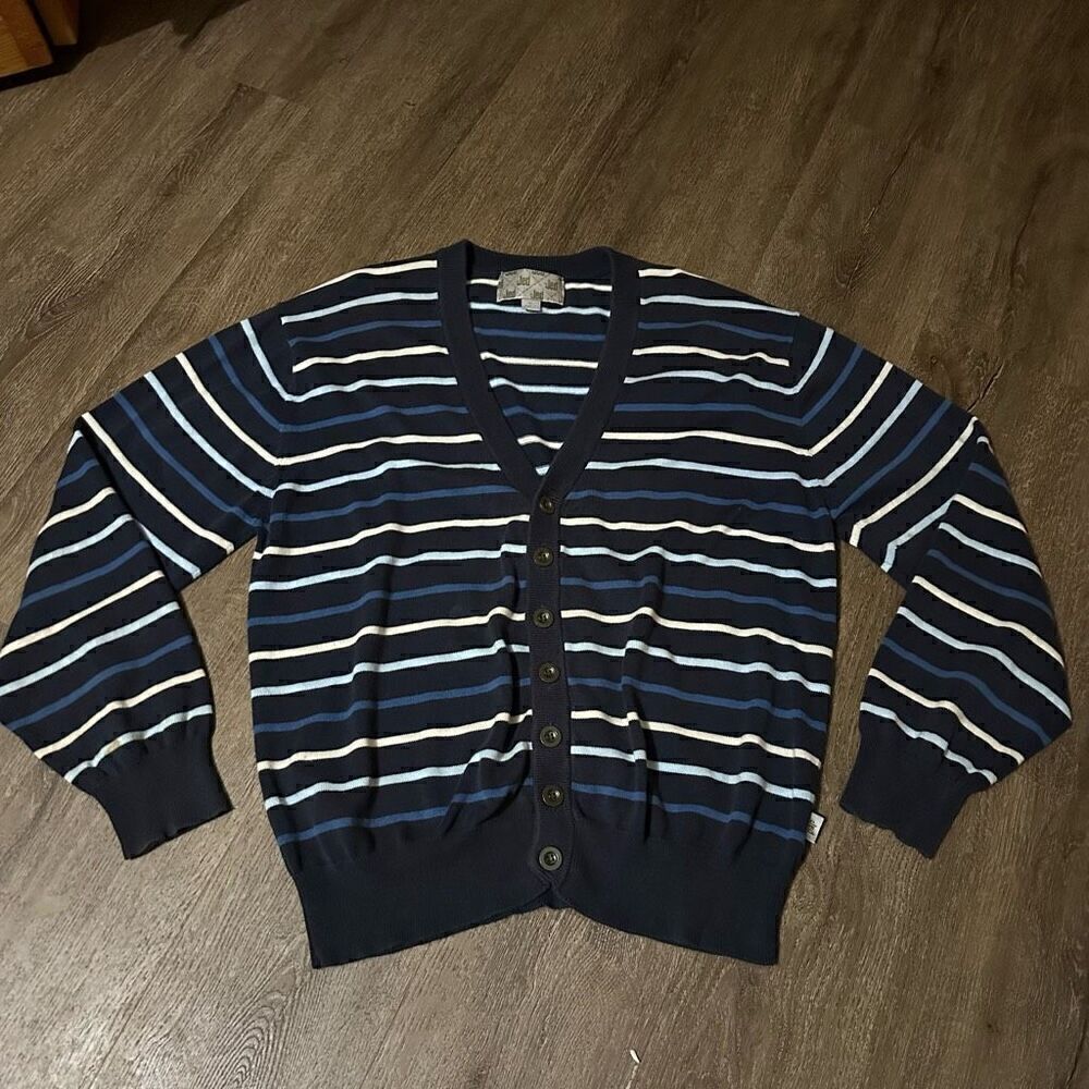 Vintage Jed Mens Blue Striped Sweater Retro Cardigan Grandpa Cotton Size XL